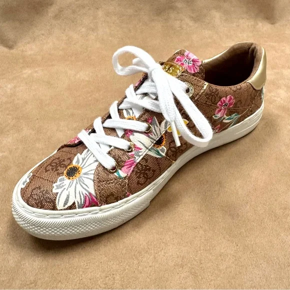 GUESS GW Loven 3 Brown Floral Logo Sneakers 8.5 EUC Shoes Designer Look - Picture 7 of 10